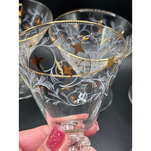 Libbey Royal Fern Drinking Glasses Vintage Stemware Set of 6 Gold Accents MCM - Picture 6 of 8